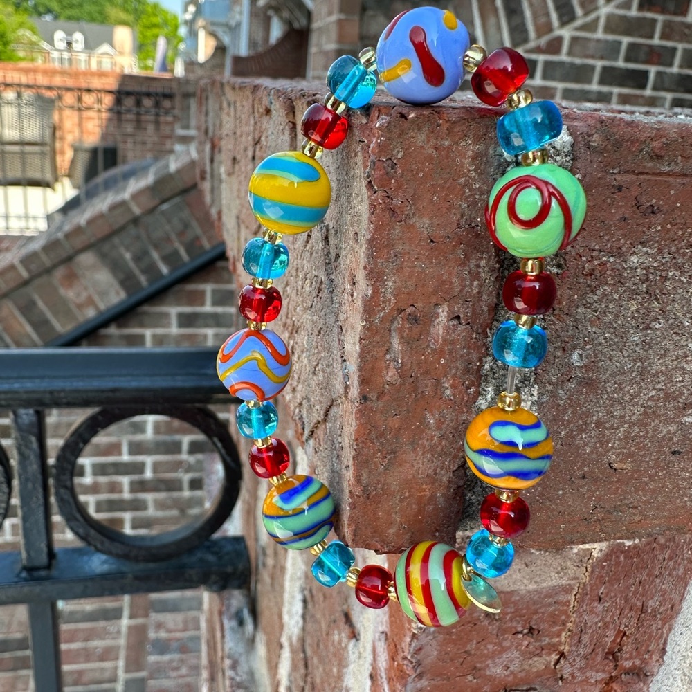 Italian, gold with Painted/blown Colorful Swirl Glass Bead Necklace